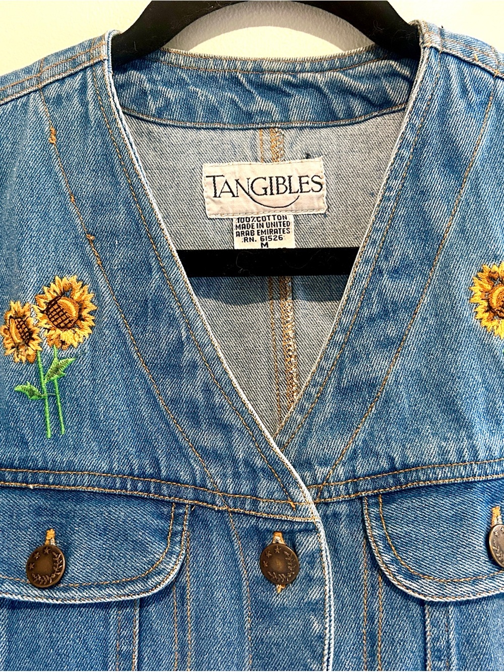 Tangibles Vintage Sunflower Cottagecore Embroidered Blue Denim Vest - Picture 4 of 5